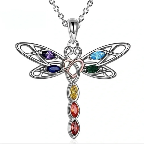 1 LEFT! Silver Colorful Rhinestone Dragonfly Necklace - Picture 2 of 5
